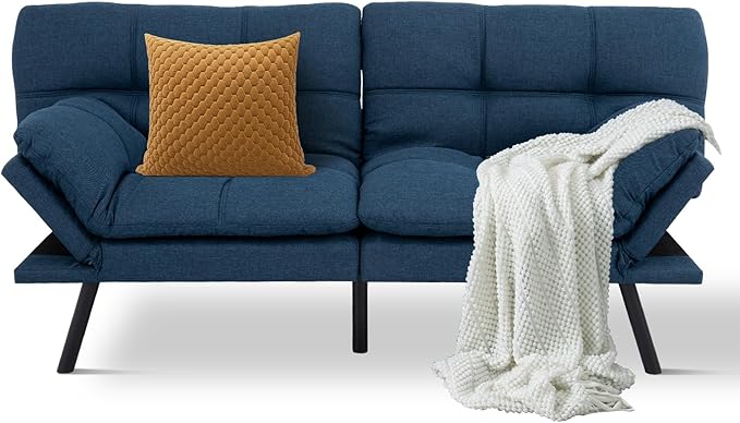 MUUEGM Futon Sofa Bed Convertible CouchMemory Foam Futon Sofa CouchSleeper Futons Sofa CouchesSmall Splitback Modern Loveseat Sofa Bed for Living RoomOfficeApartmentLinen FabricBlue.