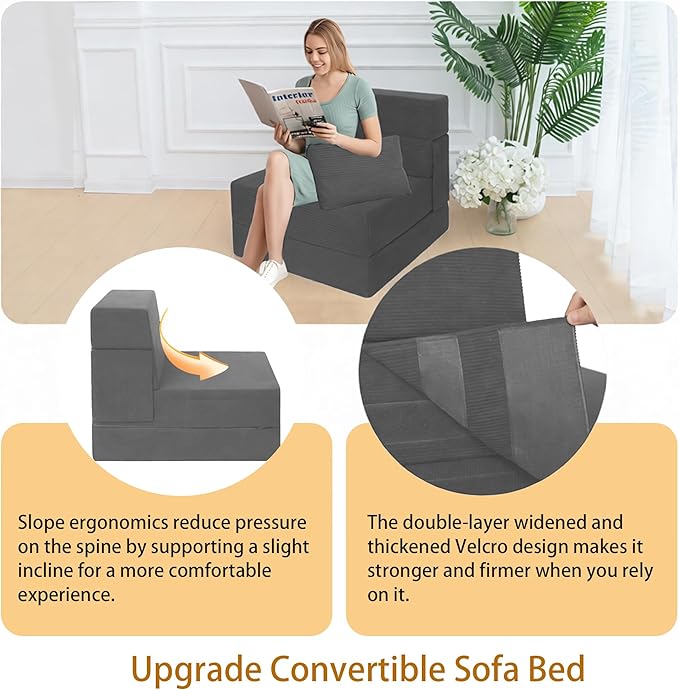 Sofa Bed Foldable Mattress Folding Sleeper Sofa Chair Bed Floor Mattress with Pillow for Living Room Home Office (Dark Gray -Corduroy Single)