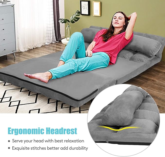 S AFSTAR Floor Folding Couch and Futon Sofa 6-Position Fabric Sleeper Bed with 2 Pillows and Sponge Filling Adjustable Lazy Sofa for Living Room and Bedroom(Gray)