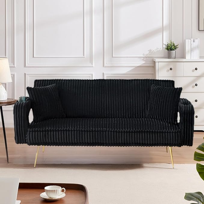 73 Convertible Futon Sofa BedModern Corduroy Sleeper Couch with 3 Reclining BackrestsGolden Chrome LegsComfy Cloud Sofa Loveseat for Small Living Room Bedroom Office (Black)