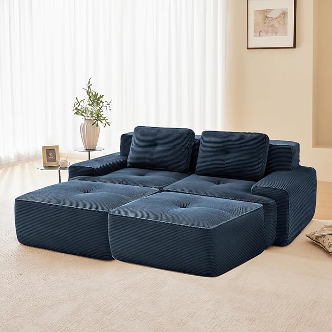 82 Modern Corduroy Boneless Love Seat Couches with 2 Ottomans 2 Seater Large Sectional Couches for Living Room Blue Cloud Modular Sectional Sofa Memory Foam Extra Deep Loveseat No Assembly