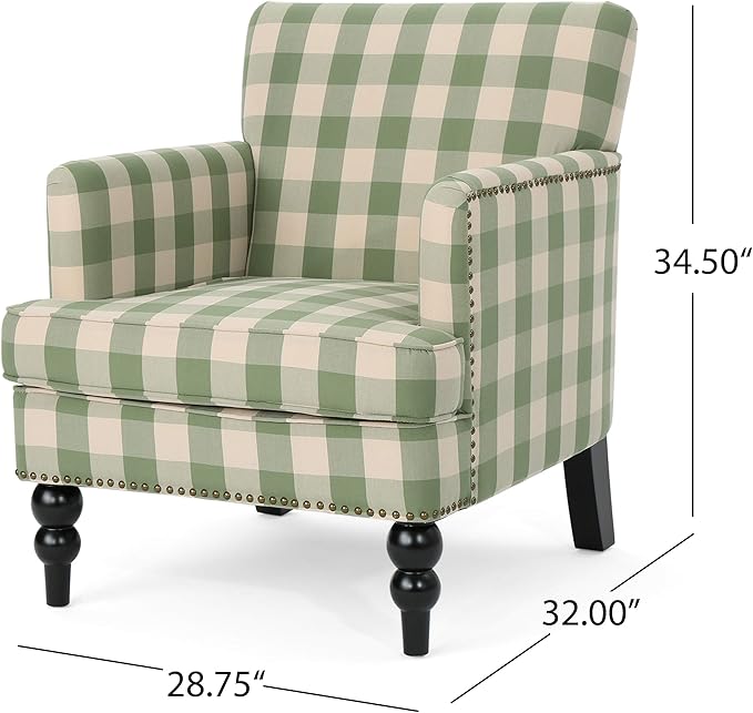 Christopher Knight Home Eve Modern Upholstered Club Chair Wooden Living Room Accent Chair Comfy Bedroom Reading Chair Multifunctional Armchair Green Checkerboard