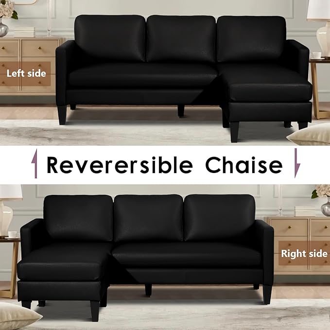 MAGIC UNION Faux Leather Convertible Sectional Couch Sofa L-Shape Sectional Sofa with Chaise Reversible 3-Seat Modern Linen Fabric Small Couches for Living RoomApartmentSmall SpaceOffice (PU Black)