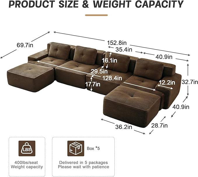 Hommoo 153 Oversized Sectional Sofa Modular U Shaped Couch with Ottoman Comfy Corduroy Couches with Deep Seat 6 Seat Convertible Boneless Sofa for Living Room No Assembly Required Brown