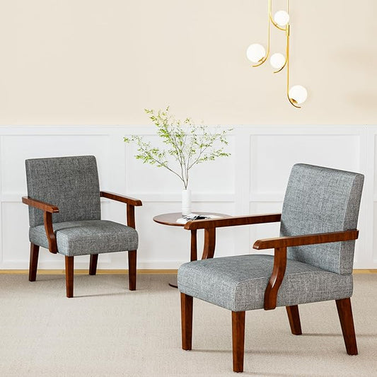 Accent Chairs Set of 2 with Side Table Modern Accent Armchair with Fabric Upholstered and Solid Wood Armrest Reading Leisure Arm Chair for Living Room Bedroom Waiting Room (Grey)