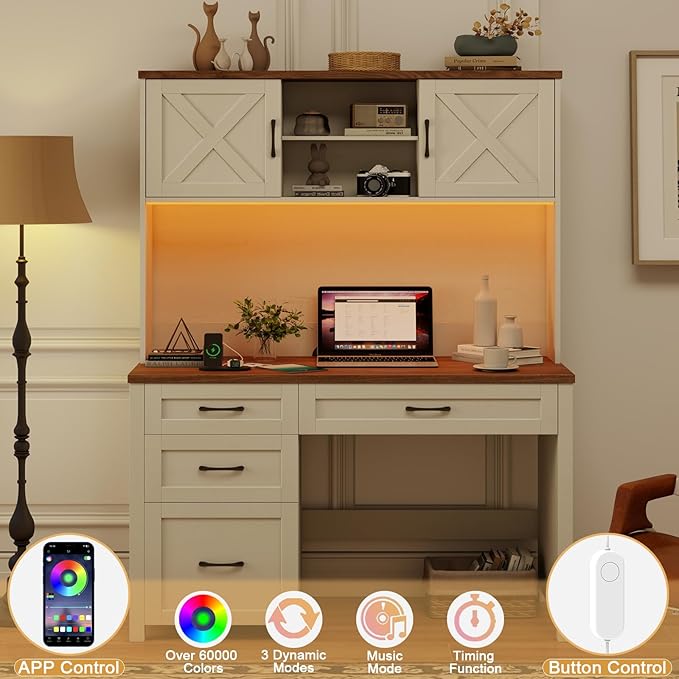 Farmhouse 67 H Executive Desk with HutchOffice Table with 4 Drawers and LED light Computer Desk with Storage Cabinet &amp File Drawers and Charging Station Wood Workstation for Home Office and St