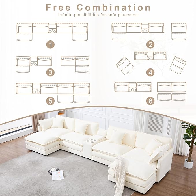 159 Oversized Modular Sectional Sofa Modern Large 6 Seater U Shaped Sectional Couch with Ottoman Comfy Cloud Couches with Cup Holders &amp USB for Living Room Spacious Space (Beige)