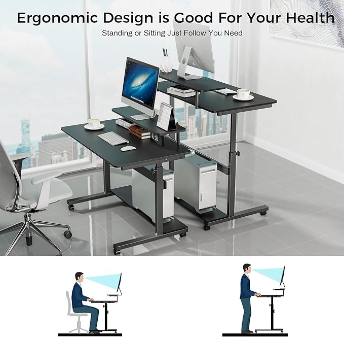 Eureka Ergonomic Height Adjustable Computer Desk Rolling Sit Stand Desk for Home Office with Hutch CPU Stand &amp Lockable Wheels 41 inch-Black