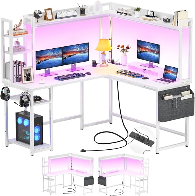 Aheaplus L Shaped Desk with Power Outlet L Shaped Gaming Desk with Led Light &amp Hutch Reversible Home Office Desk Corner Computer Desk Writing Desk with Monitor Stand &amp Storage Shelves Whit