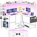 Aheaplus L Shaped Desk with Power Outlet L Shaped Gaming Desk with Led Light &amp Hutch Reversible Home Office Desk Corner Computer Desk Writing Desk with Monitor Stand &amp Storage Shelves Whit