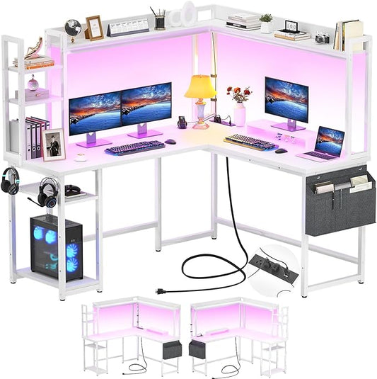 Aheaplus L Shaped Desk with Power Outlet L Shaped Gaming Desk with Led Light &amp Hutch Reversible Home Office Desk Corner Computer Desk Writing Desk with Monitor Stand &amp Storage Shelves Whit