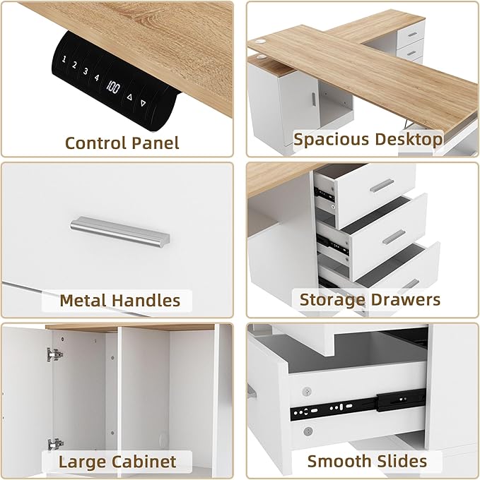 63 Large Electric Standing Office Desk with Drawers Modern Executive Deep L Shaped Computer Raising Stand up Desk with Shelves Storage for Home Office Adjustable Height White &amp Natural