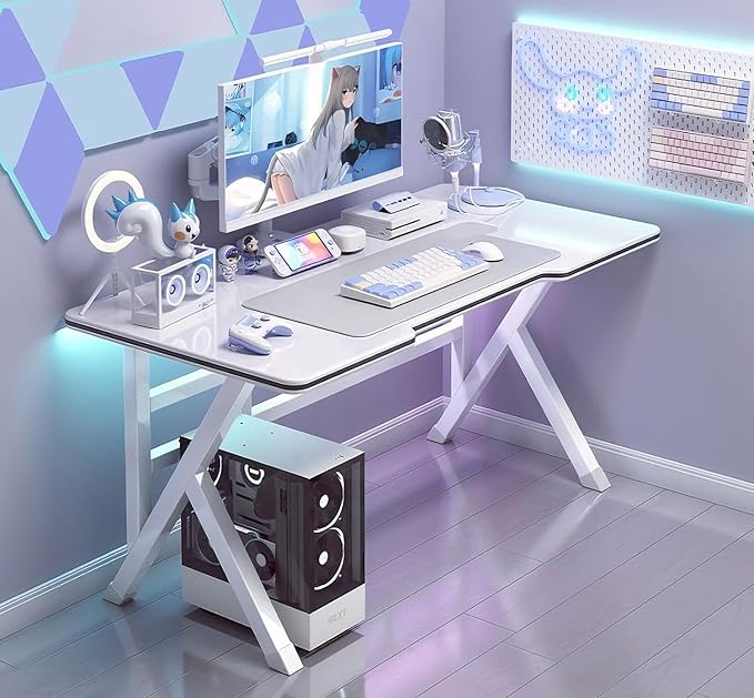 Large Gaming Desk K-Shaped PC Gaming Table for Home Office Ergonomic Computer Desk Space-Saving Easy Assembly (White 55 Inch)