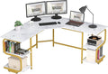 Teraves Modern L Shaped Desk with Shelves64.84 Computer Desk/Gaming Desk for Home OfficeCorner Desk with Large Desktop (White Marbling+ Gold Frame Large+4 Tier Shelves)