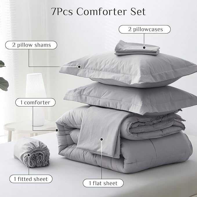 JOLLYVOGUE King Comforter Set Ultra-Soft Bed in a Bag King Size 7 Pieces Oeko-TEX Certified Bedding Set with Down Alternative Comforter Sheets Pillowcases &amp Shams Light Grey