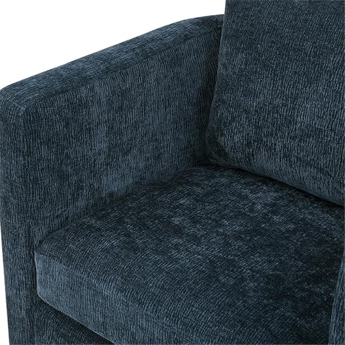 Pemberly Row Modern Navy Blue Fabric Swivel Barrel Accent Chair 32 in x 31.5 in x 31 in Upholstered Polyester Stain-Resistant Reversible Cushions Comfortable for Living Room or Study Use