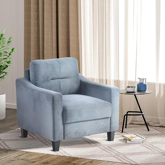 Upholstered Single Sofa ChairMordern Armchair with Wooden Legs for Living RoomBedroom and OfficeBlue Grey