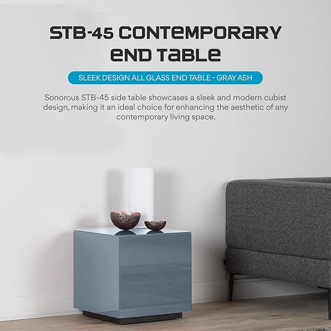 SONOROUS Premium Tempered Glass Side Table - Luxury Nightstand &amp Bedside Table for Bedroom or Living Room - High Gloss End Table in Gray Finish - Sleek Cube Design with Fingerprint Resistant Glass