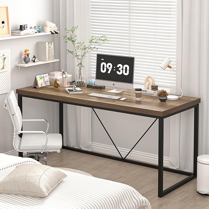 FOLUBAN Industrial Computer Desk Rustic Wood and Metal Writing Desk Vintage PC Table for Home Office Oak 60 inch