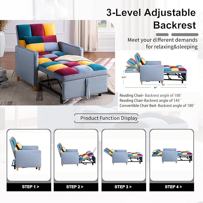 3-in-1 Convertible Chair Bed Single Sofa Bed with Adjustable Backrest Lounger for Living Room (Rainbow)