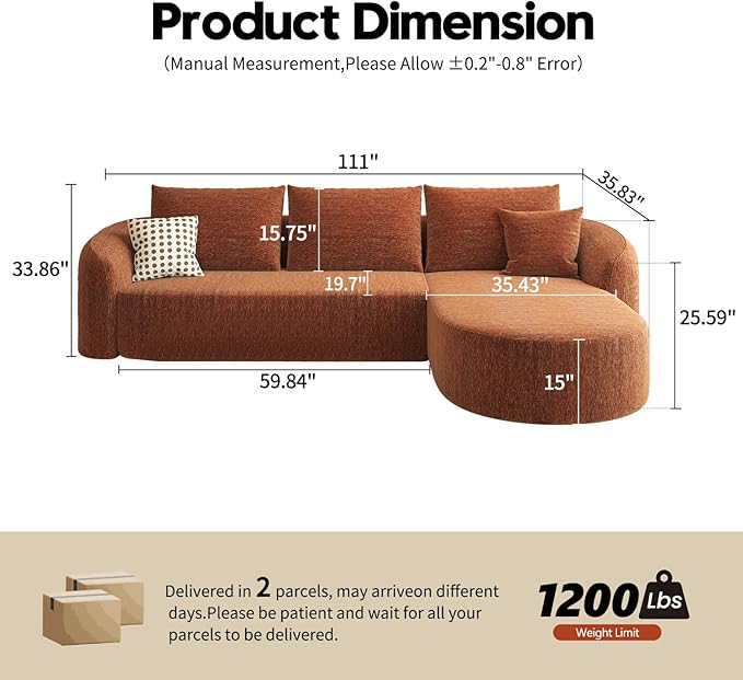 111 L Shaped Modern Modular Sectional Curved Sofa Minimalist Style Comfy Cloud Couch for Living Room Apartment No Assembly Required Boneless Couches (OrangeRight Facing Chaise)
