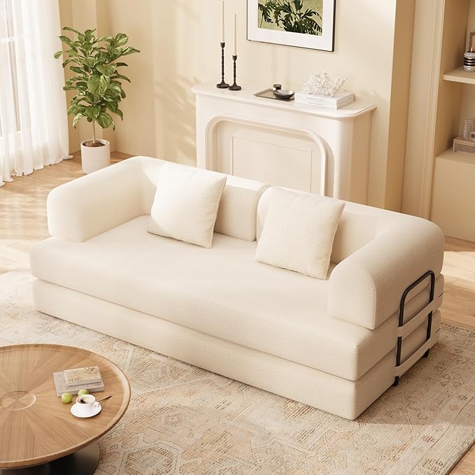 Ahomly 78.8'' Convertible Sofa Bed5-in-1 Boneless Couch with Removable ArmrestsFolding Futon Sofa Bed Includes 2 PillowsComfy Pull Out Couch for Living RoomNo Assembly RequiredCream