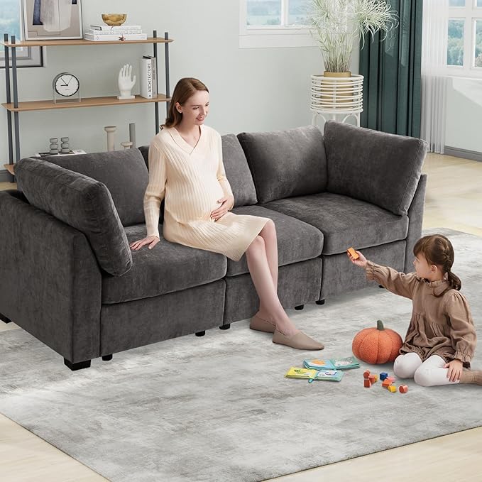 Modular Sectional Sofa 96 inches 3 Seater Modern Corduroy Sofa Set Upholstered Couches for Living Room Bedroom(Grey 3 Seater)