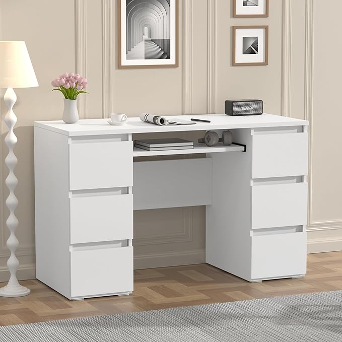 Computer Desk with 6 Drawers 47'' Home Office Desk with Storage &amp Keyboard Shelf White Gaming Desks Wood Vanity Desks for Bedroom Modern Corner Writing Table for Work Study (White)