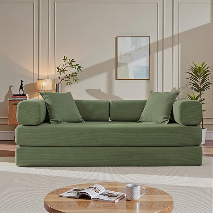 Folding Sofa Bed Convertible Sleeper Sofa Bed with Gold Fixed-Shape Frame Corduroy Floor Couch Lazy Compression Sofa for Living Room Bedroom Home Theater Green
