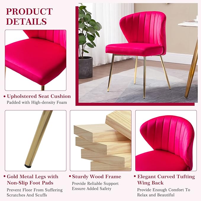 HULALA HOME Velvet Dining Chair Cute Armless Accent Chair Living Room Chair with Golden Legs Mid Century Modern Upholstered Side Chair for Kitchen Vanity Fuchsia
