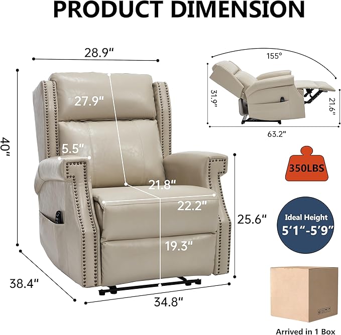 Manual Recliner Chair Faux Leather Push Back Recliners with Vibration Massage Lumbar Heat Living Room Single Sofa Reclining Rivet Design Chair Grayish Beige