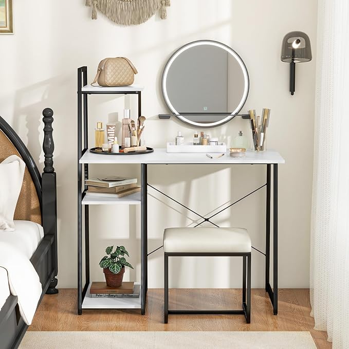 Tangkula Computer Desk with Shelves Space Saving Home Office Desk with 3-Tier Ladder Shaped Storage Bookshelf Modern Writing Study Desk with Metal Frame Compact Computer Workstation (White)