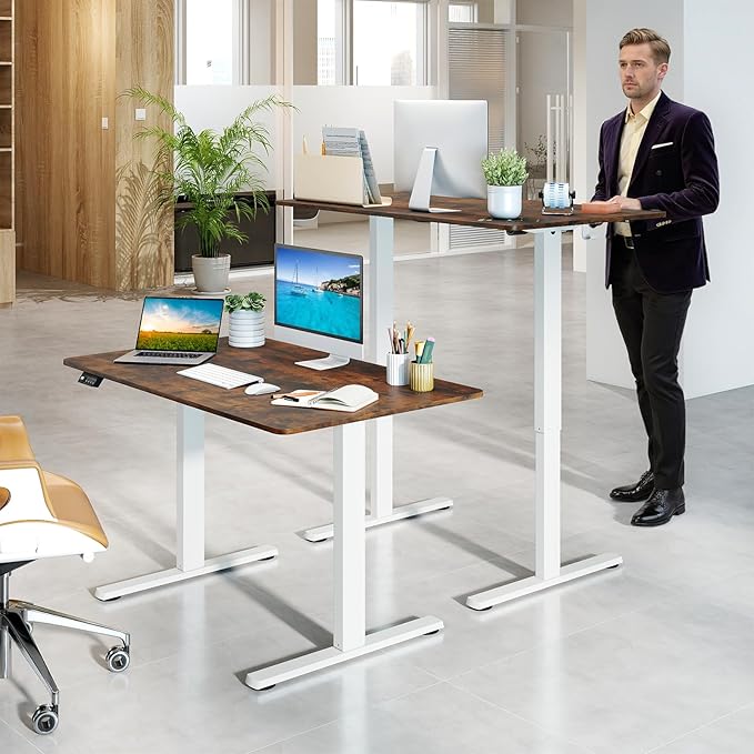 Giantex Electric Standing Desk 48 x 24 Height Adjustable Sit Stand Computer Workstation with 2 Memory Heights Headphone Hook Anti-Collision Design Home Office Computer Desk (Rustic Brown+White)