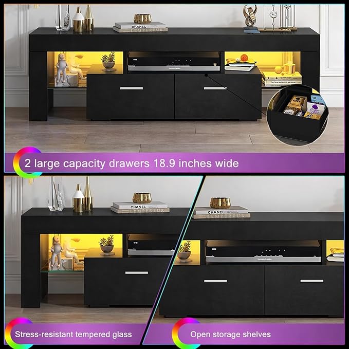 Large TV Stand for TVs up to 75 Inches – Modern Entertainment Center with LED Lights 4 Storage Drawers Open Shelves Black Finish