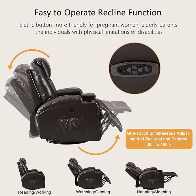Power Swivel Rocker Recliner Chair with Vibration Massage 270° Swivel &amp LED Lights Electric Glider Reclining Sofa USB A/C Ports &amp Storage Pocket for Living Room (1 Brown)