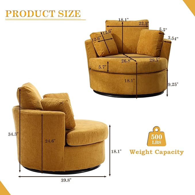 Swivel Barrel Chair Modern Fabric Oversized 360 Degree Club Accent Arm Chairs Single Round Living Room Sofa Chair w/ 3 Pillows for Nursery Bedroom Reading Office Yellow