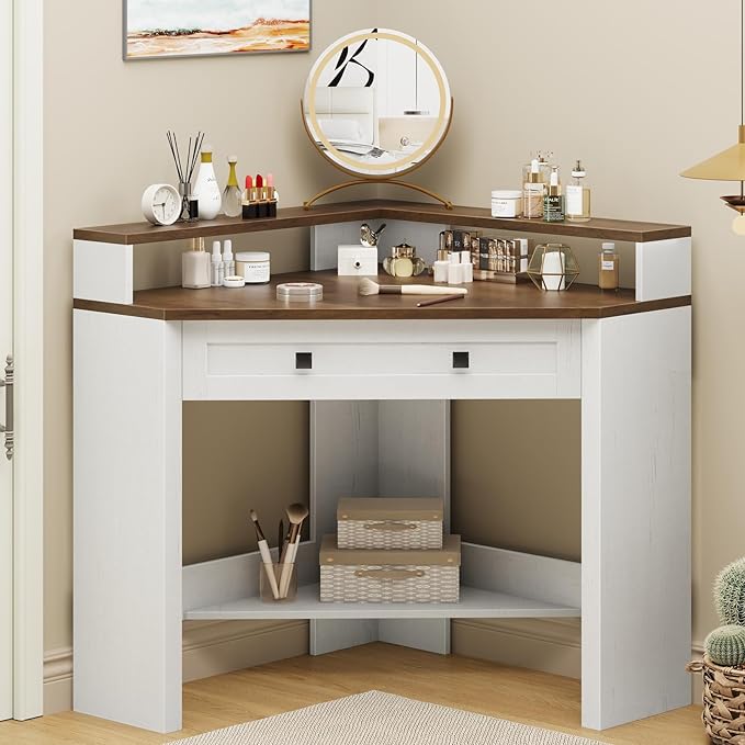 Corner Desk Triangle Computer Desk Home Office Workstation with Drawer and Monitor Stand for Small Spaces Farmhouse Corner Vanity Table for Bedroom Study Living Room (Rustic White and Brown)