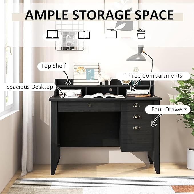 GOFLAME 48” Computer Desk with Hutch Vintage Home Office Desk with Storage Drawers &amp Shelves Space Saving Laptop PC Table Wooden Study Writing Workstation Black