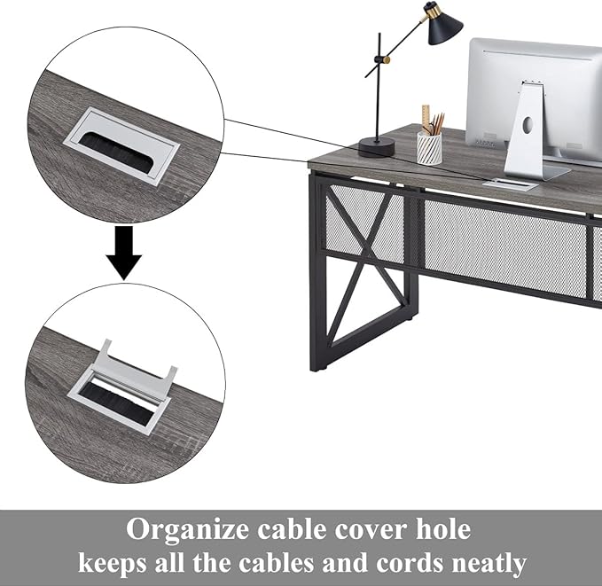 BON AUGURE Industrial Computer Desk Rustic Wood Desks for Home Office Sturdy Metal Writing Work Table (60 Inch Dark Grey Oak)