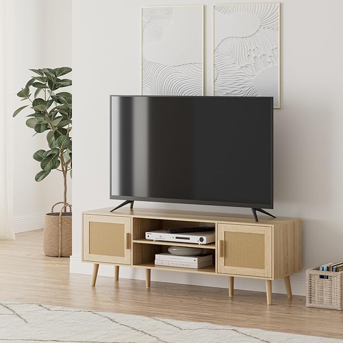 TV Stand for 55-65inch TV Rattan Entertainment Center with Soft Hinge DoorTV Console Table with 2 Cabinets with Gold Handle and Feetfor Living Room Bedroom Natural