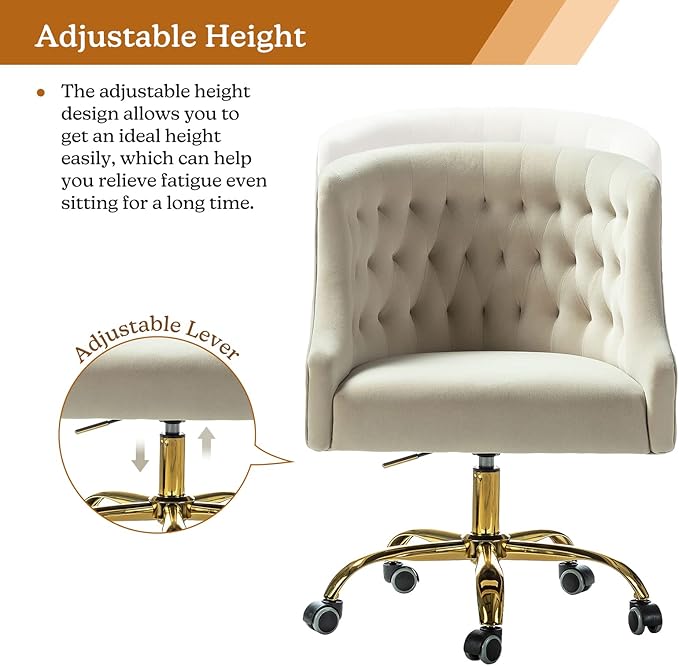 Velvet Home Office Chair with Gold Base Comfortable Modern Cute Desk Chair Adjustable Swivel Task Chair for Living Room Bedroom Vanity Study Tan