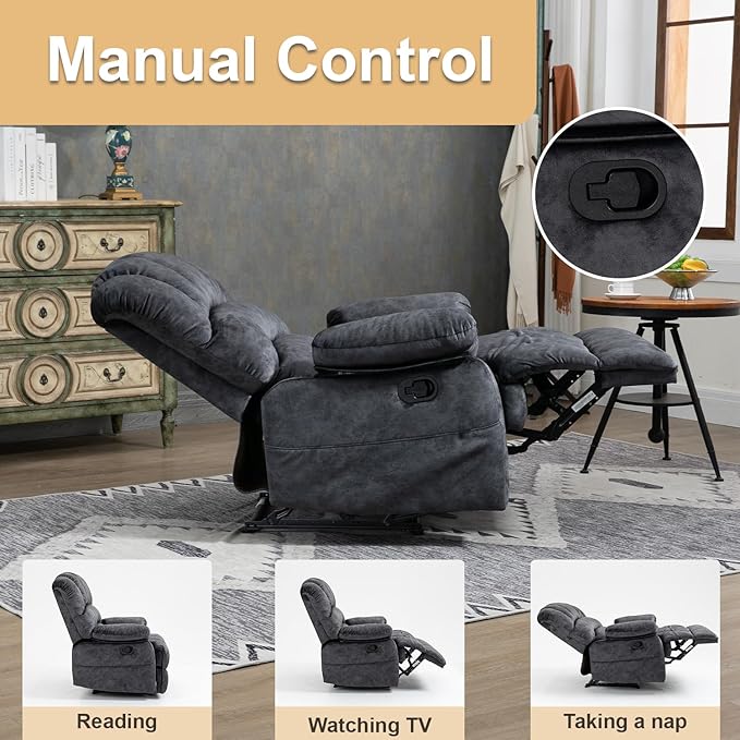 Large Lazy Recliner Chair for Adult Comfortable Manual Single Recliner Sofa Oversized Reclining Chair Upholstered Soft Fabric Living Room Recliner Sofa Chair for Living Room Bedroom (Dark Gray)
