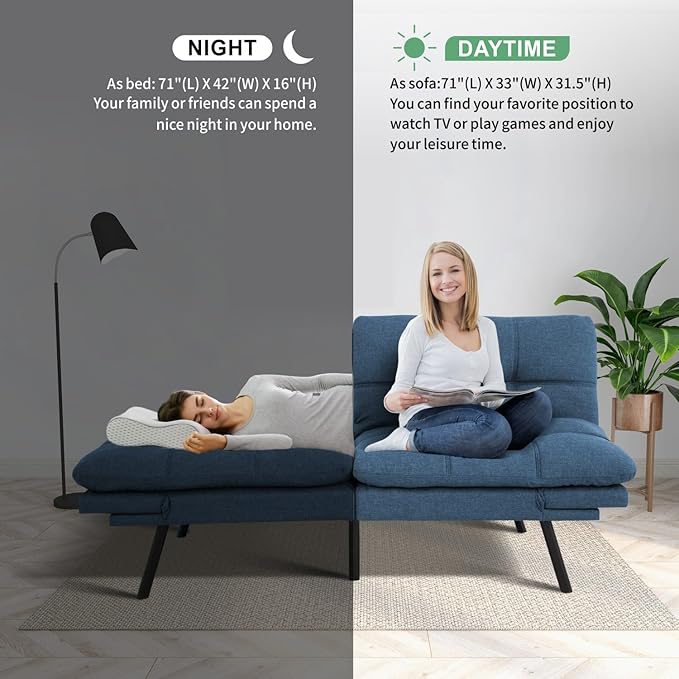 MUUEGM 71 Futon Sofa Bed Convertible Couch Bed Modern Loveseat with Adjustable Backrest&ampArmrest Sofas for Living RoomGame RoomDormitoryOffice.Blue Fabric