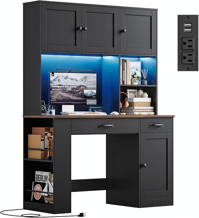 Keyluv 71 Tall Computer Desk with Hutch Cabinet Home Office Desk with Storage Drawers Shelves and Side Rack Wood Executive Desk with Doors Outlet Station and Smart LED Lights Black