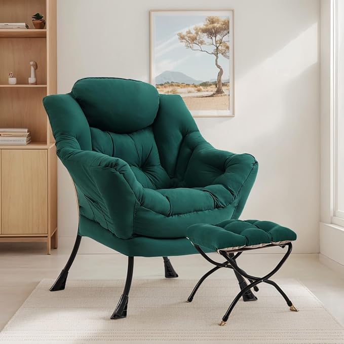 Lazy Chair with Ottoman Large Dark Green Accent Chair with Ottoman Comfy Reading Armchair Leisure Sofa Chair for Living Room Bedroom Dorm Room Office