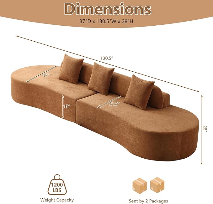 GNIXUU 130.5 Oversized Curved Sectional Sofa for Living Room Modern Luxury TerryCloth Boneless 4 Seater Cloud Couch with Half Moon Design &amp 3 Pillows Modular Memory Foam Couches No Assembly B