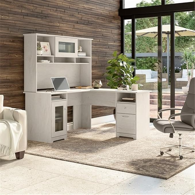 Pemberly Row 60W L Shaped Computer Desk with Hutch White Oak Engineered Wood Fluted Glass Door Built-in Wire Management Adjustable Storage Shelves Home Office Workstation