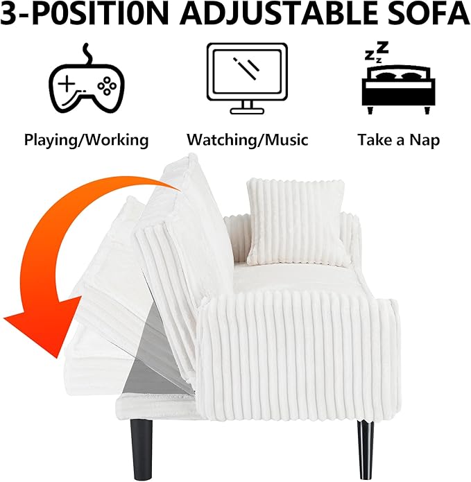 72” Corduroy Futon Sofa Bed with Pillows Modern Convertible Futon Couch with 2 Cup Holders&amp Metal Legs for Small Spaces Living Room Solid Wood Frame (White)