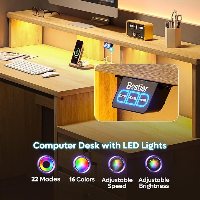 Bestier 55 Computer Desk with Power Outlets &amp LED Lights Home Office Desk with Lockable File Drawer &amp Printer Shelf Monitor Stand Modern Workstation for Gaming Study Natural Oak