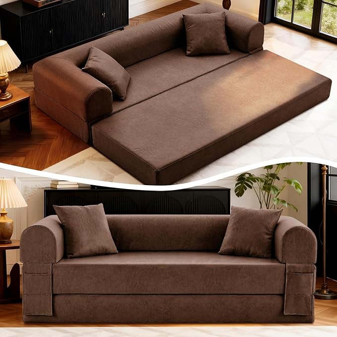4-in-1 Folding Convertible Sofa Bed 78 Inch Faux Leather Boneless Couch Loveseat Sleeper with Pull Out Bed Floor Sofa Modular Futon Teddy Sofa for Living Room Bedroom Lounge Brown